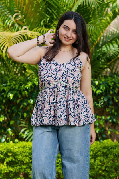 Indigo Paisley Peplum Top