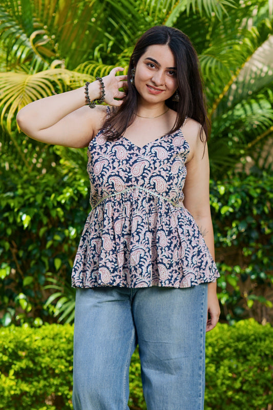 Indigo Paisley Peplum Top