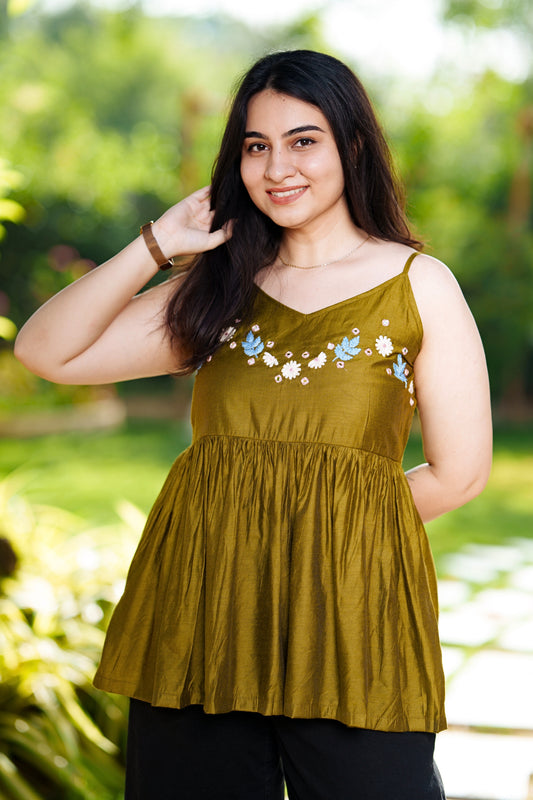 Olive Bloom Embroidered Peplum Top