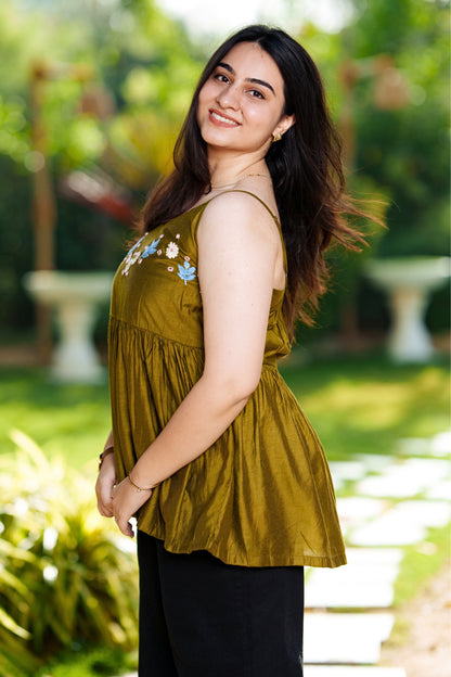 Olive Bloom Embroidered Peplum Top