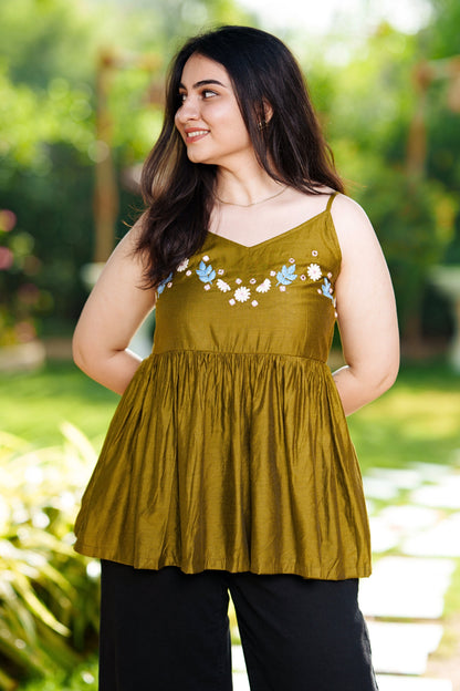 Olive Bloom Embroidered Peplum Top