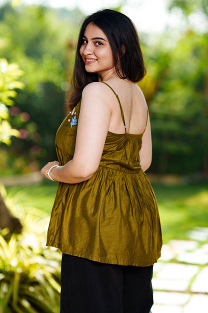 Olive Bloom Embroidered Peplum Top