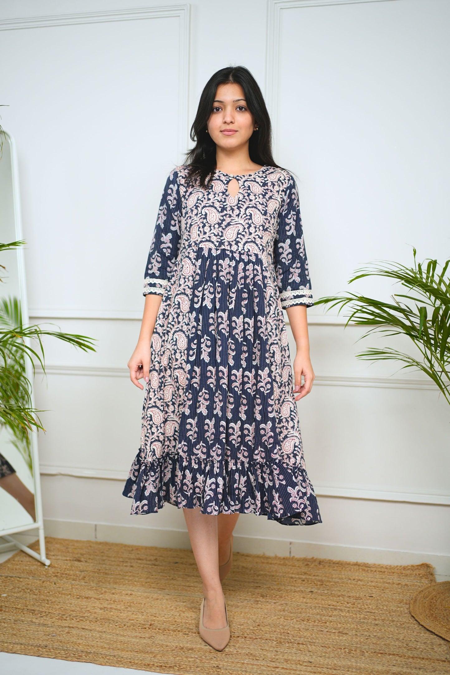 Navy Blue Midi Cotton Handblock Dress
