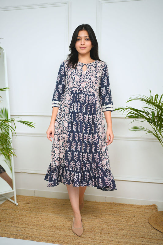 Navy Blue Midi Cotton Handblock Dress