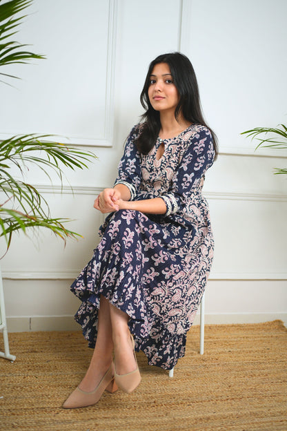 Navy Blue Midi Cotton Handblock Dress