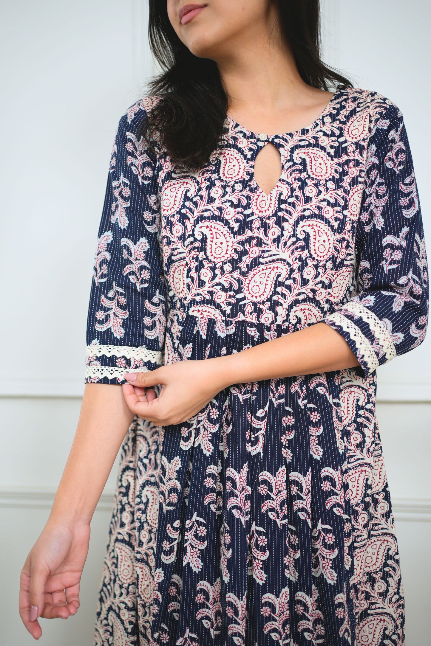 Navy Blue Midi Cotton Handblock Dress