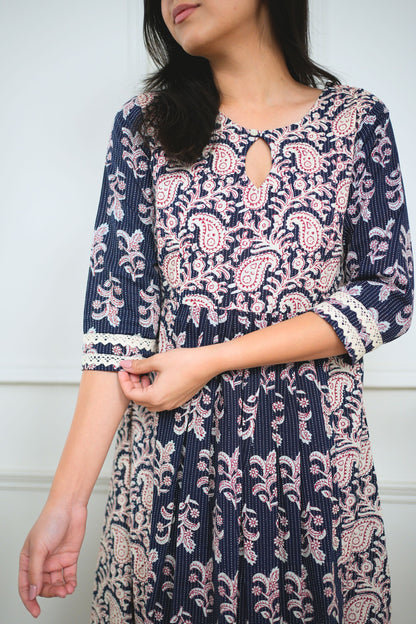 Navy Blue Midi Cotton Handblock Dress