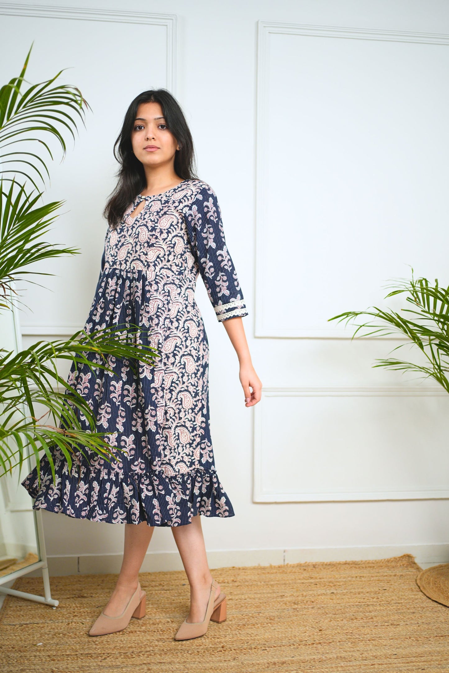 Navy Blue Midi Cotton Handblock Dress