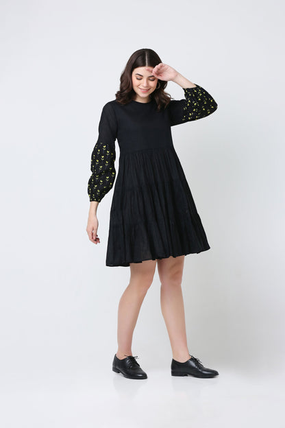 Black Flora Cotton Ruffle Dress