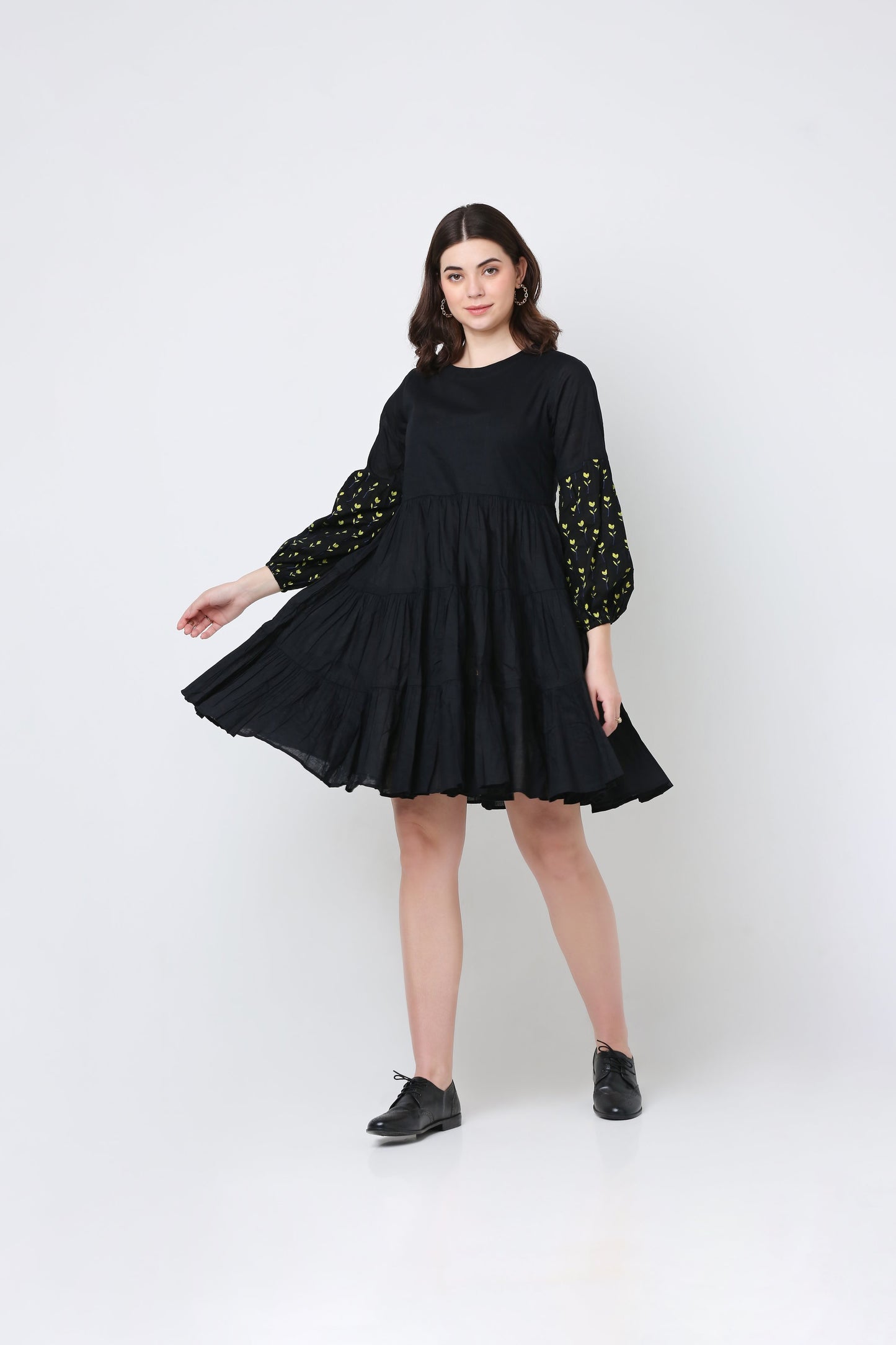 Black Flora Cotton Ruffle Dress