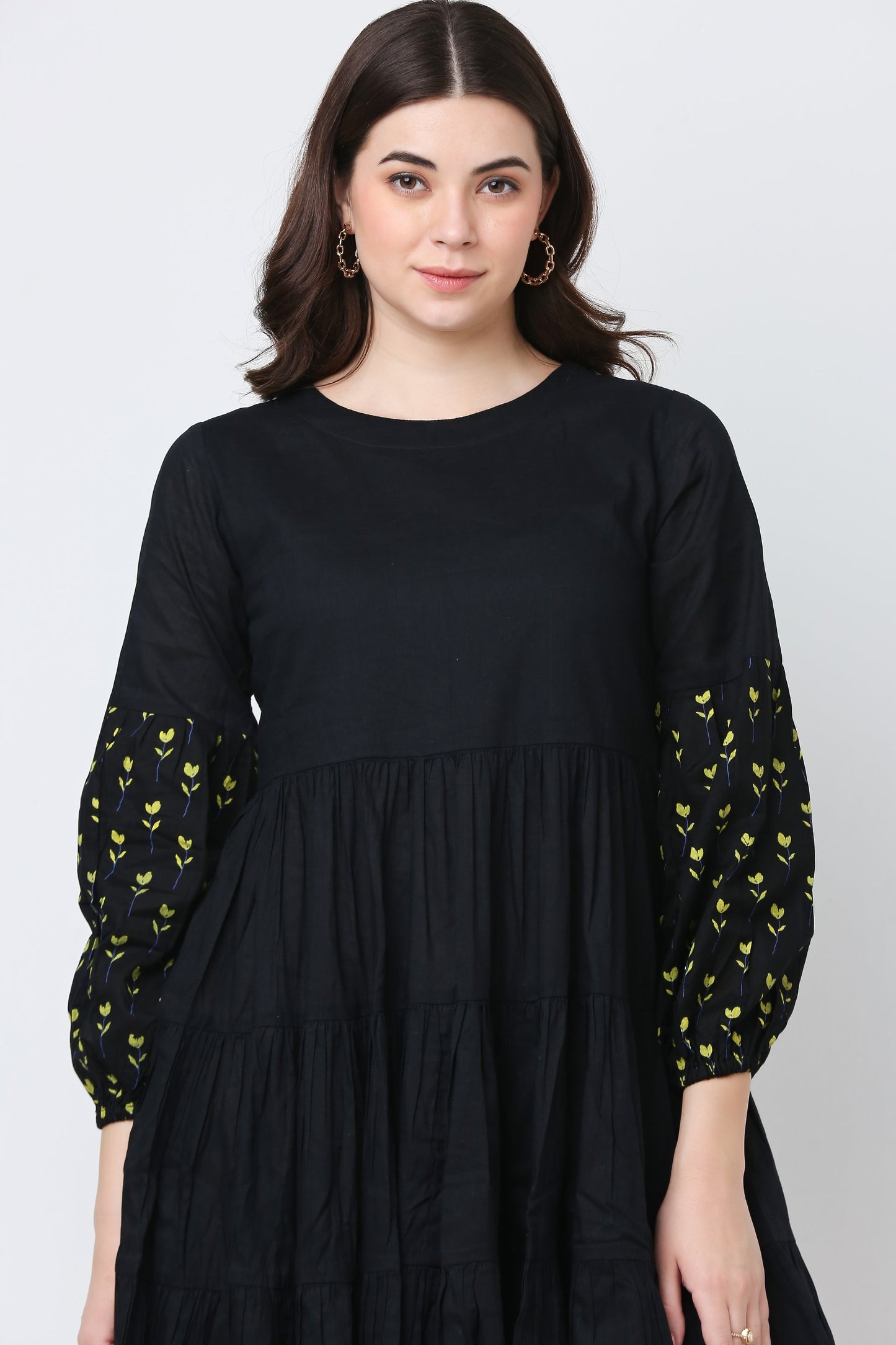 Black Flora Cotton Ruffle Dress