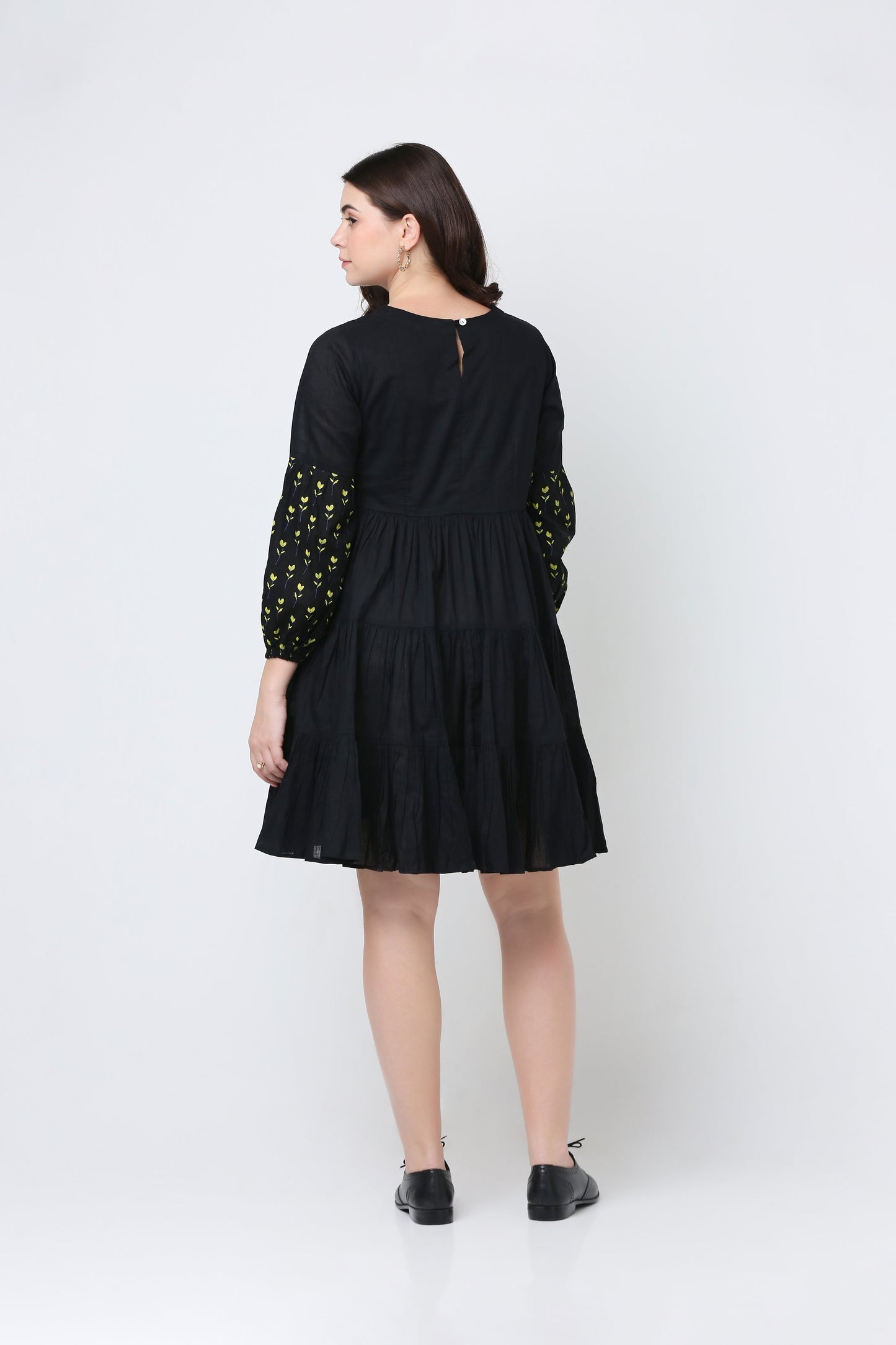 Black Flora Cotton Ruffle Dress