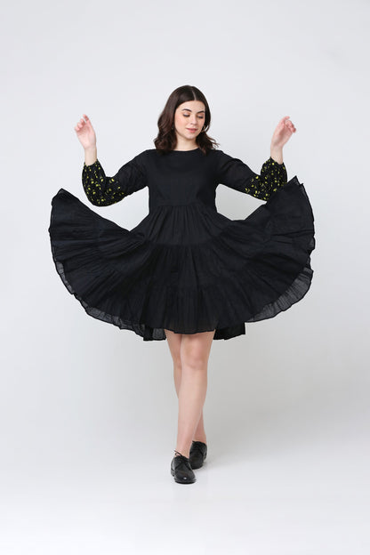 Black Flora Cotton Ruffle Dress