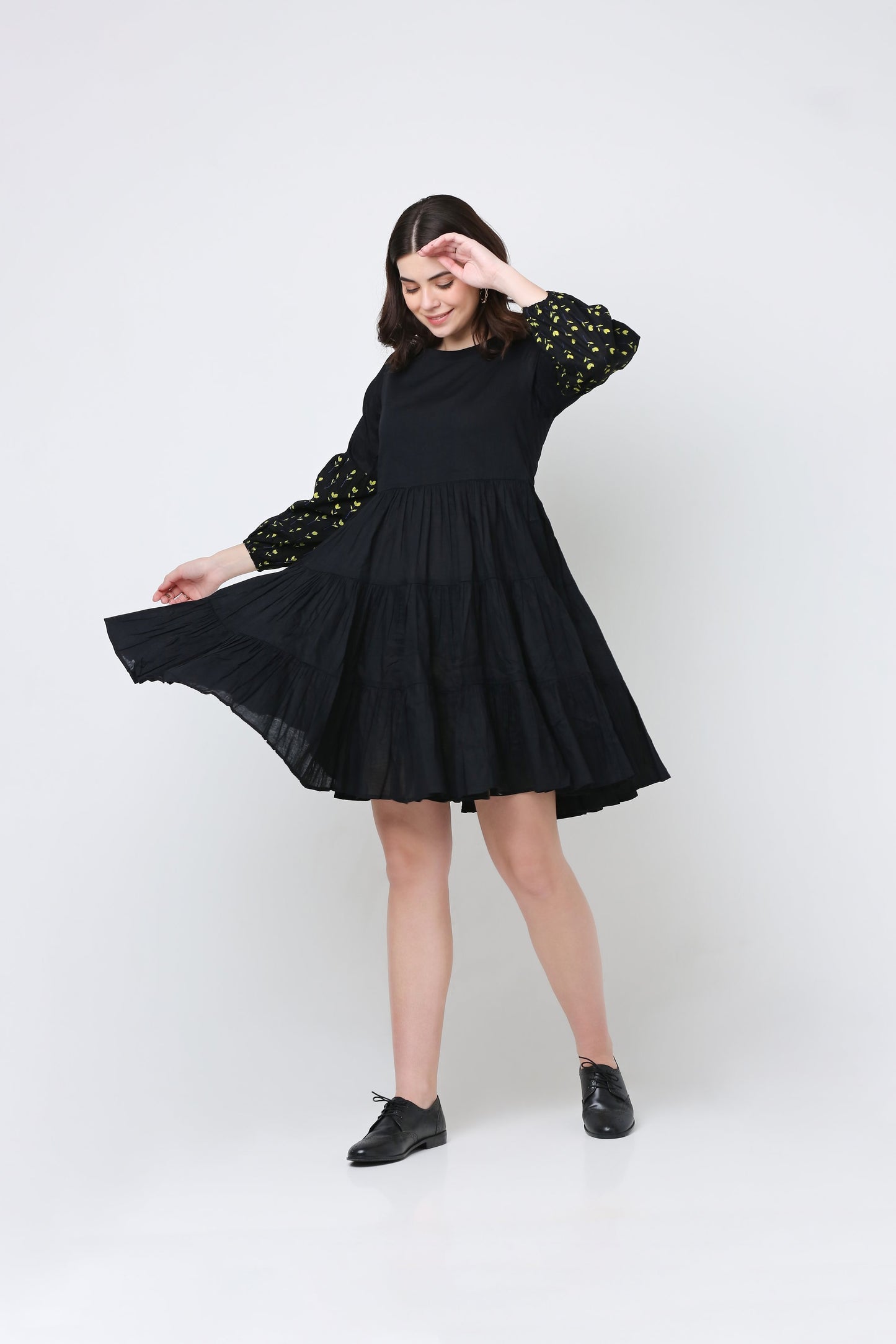 Black Flora Cotton Ruffle Dress