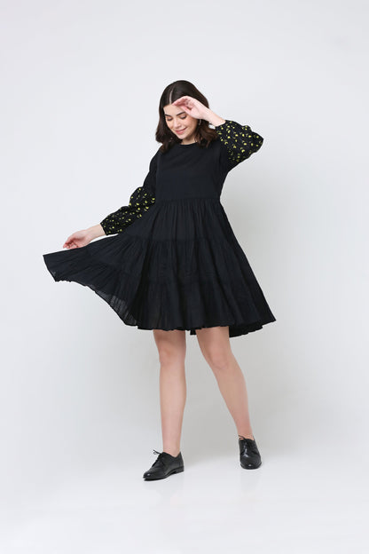 Black Flora Cotton Ruffle Dress