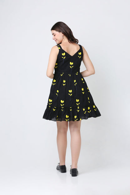 Black Floral Short Dress
