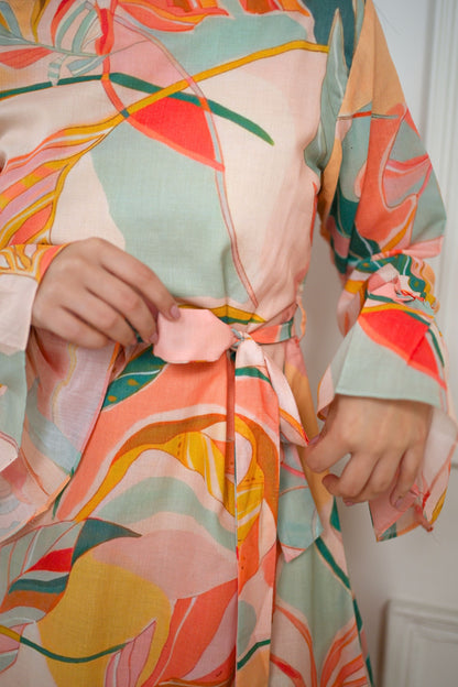 Peach Floral Midi Cotton Dress
