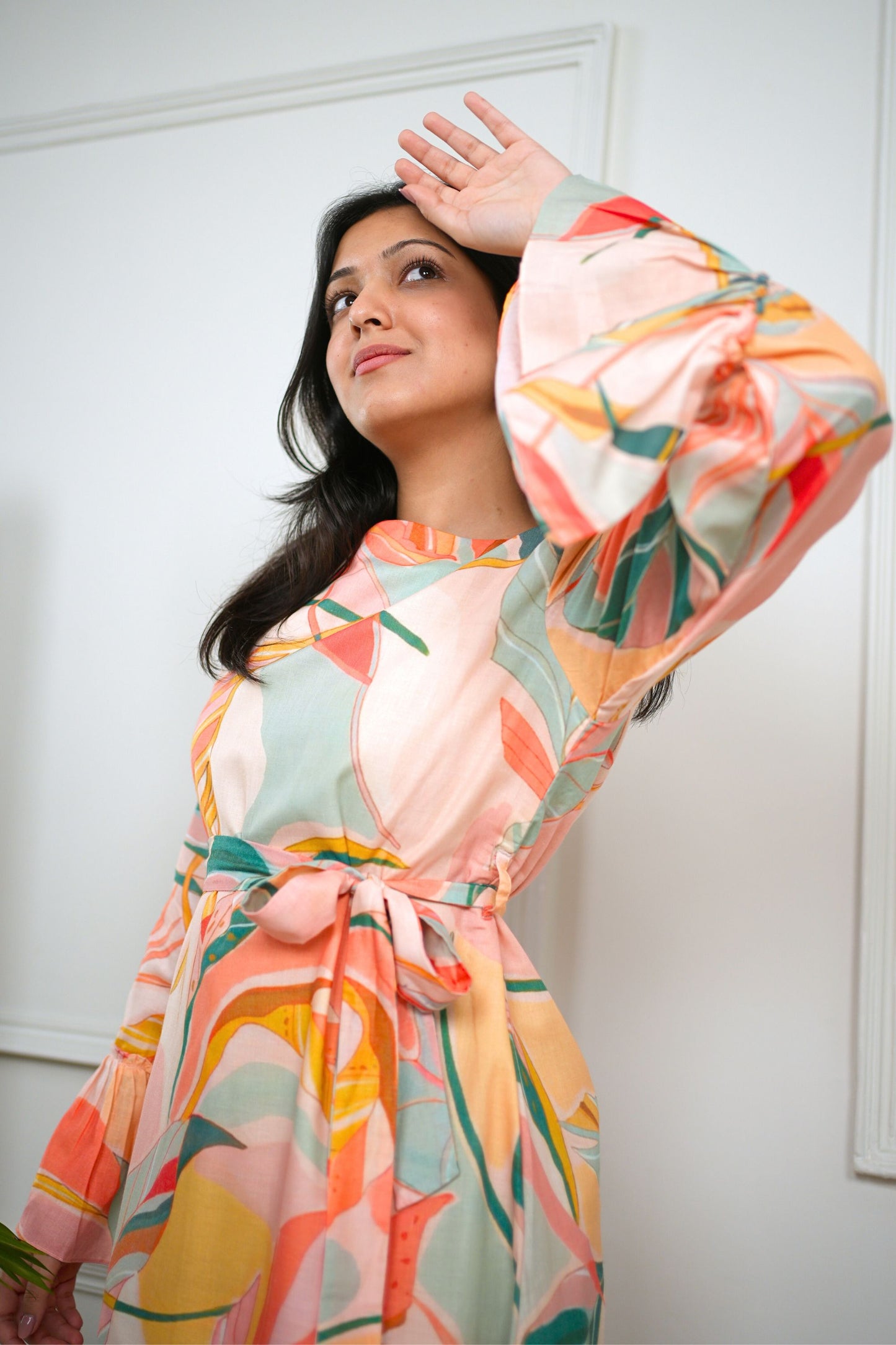 Peach Floral Midi Cotton Dress