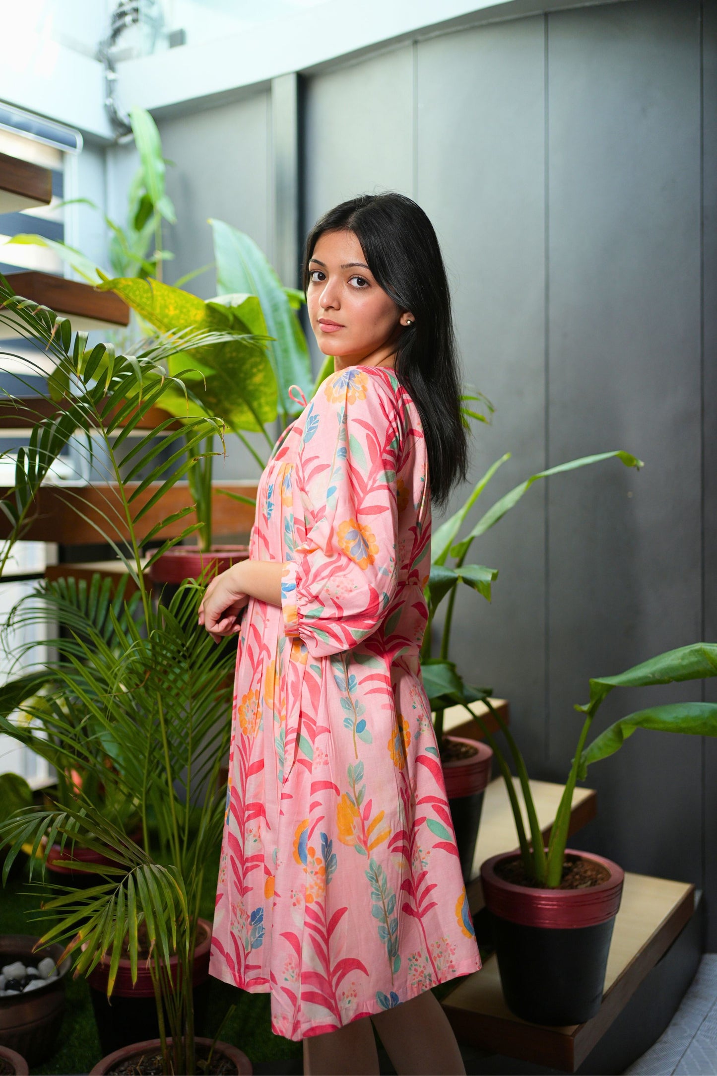 Pink Floral Short Cotton Dress