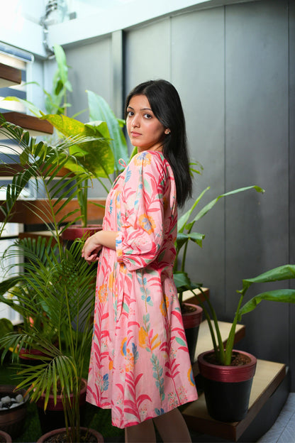 Pink Floral Short Cotton Dress