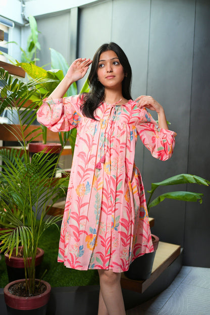 Pink Floral Short Cotton Dress