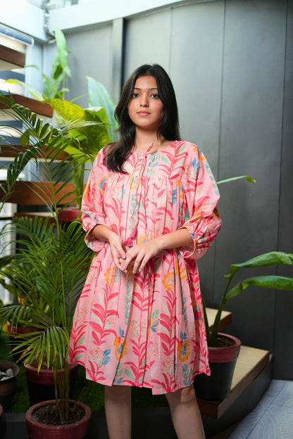 Pink Floral Short Cotton Dress