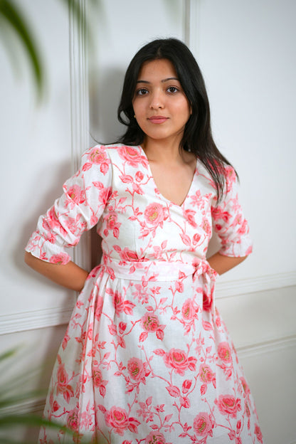 White Pink Floral Short Dress